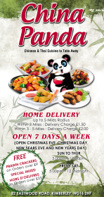 Menu for China Panda Chinese food takeaway on Eastwood Road in Kimberley, Nottingham NG16 2HF