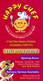 Menu for Happy Chef Chinese takeaway on Red Lion Square in Heanor, Derbyshire DE75 7PA