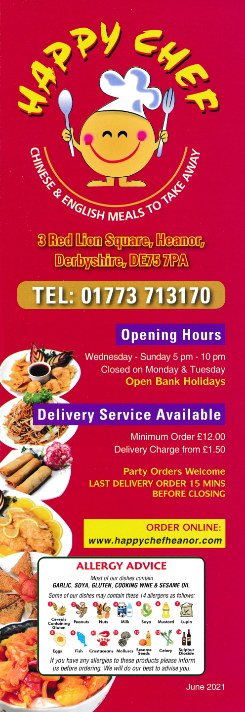 Menu for Happy Chef Chinese takeaway in Heanor, Derbyshire DE75 7PA