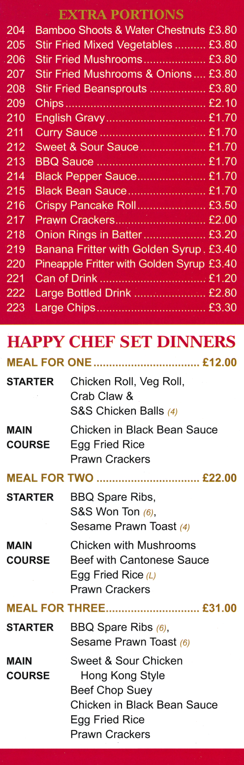 Menu for Happy Chef - Happy Chef Set Dinners. Order Chinese food for delivery in Heanor tonight!
