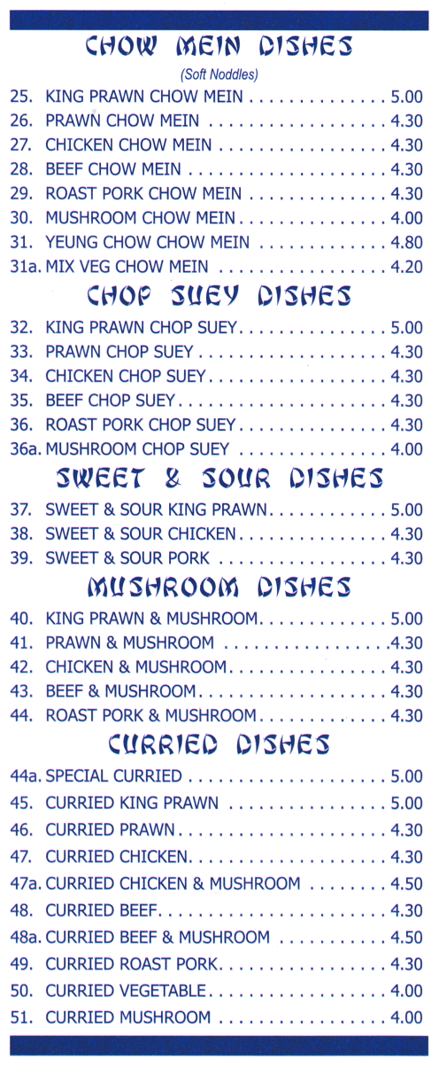 Menu for Happy House - Chicken Chow Mein, Sweet & Sour Pork, Curried Roast Pork, Beef Chop Suey, Yeung Chow Chow Mein..