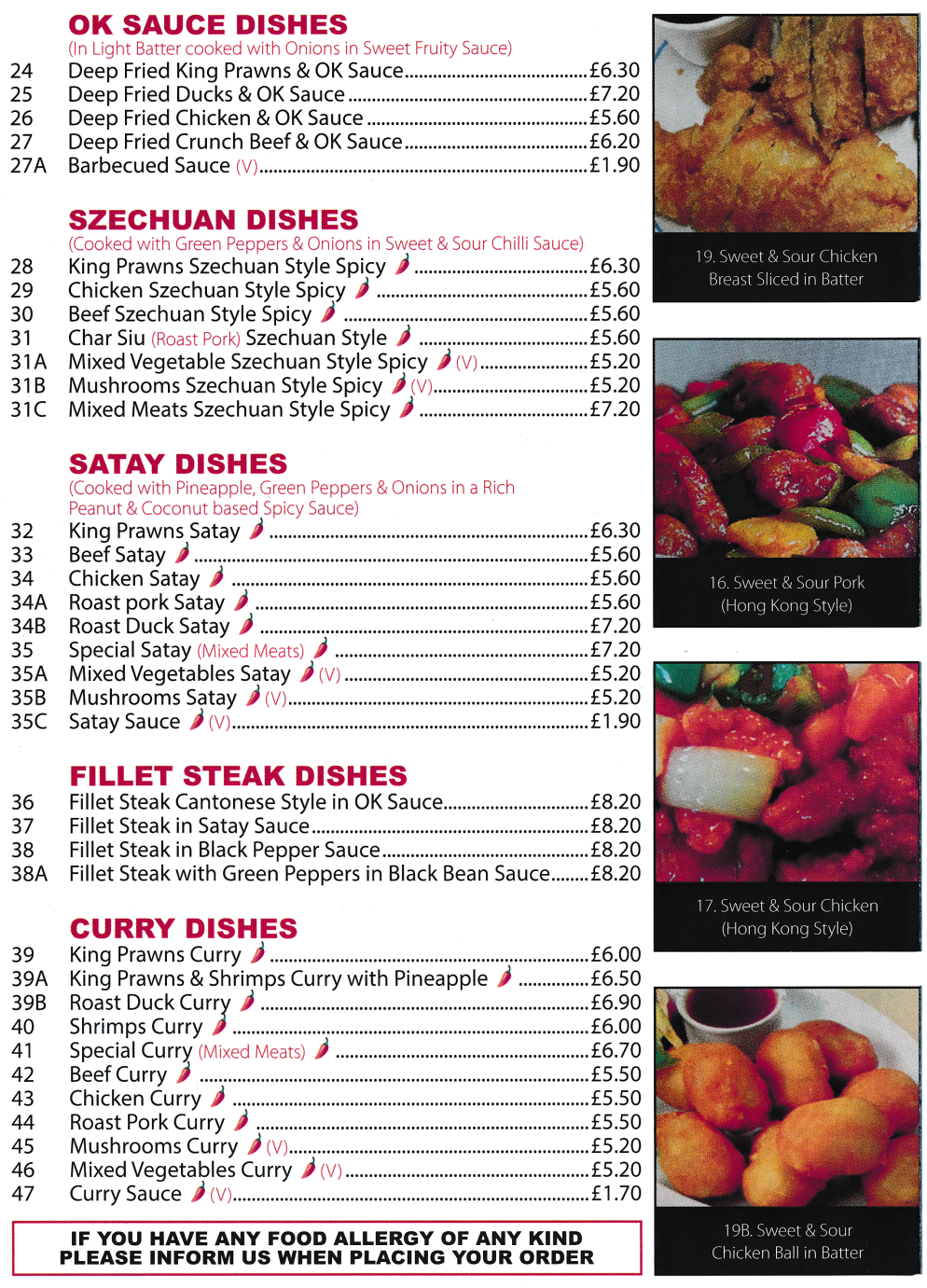 Takeaway menu for Jade Garden (Beef Satay, Deep Fried Duck & OK Sauce, Chicken Curry, Mixed Meats Szechaun Style Spicy..)
