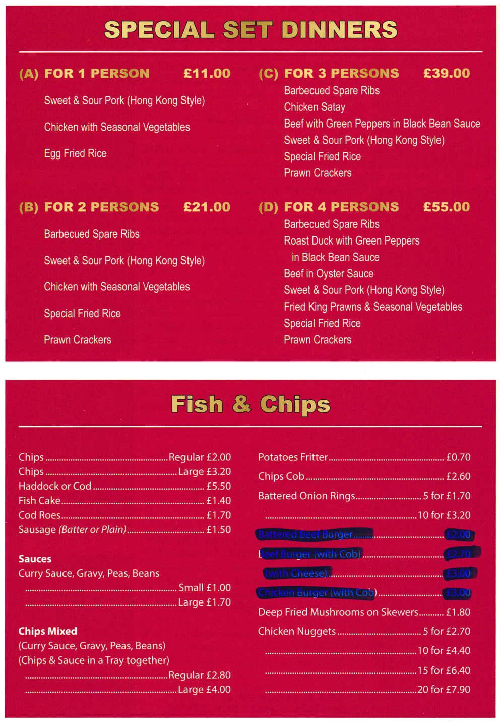Menu for Jade Garden Chinese takeaway (Special Set Dinners, Fish & Chips..)