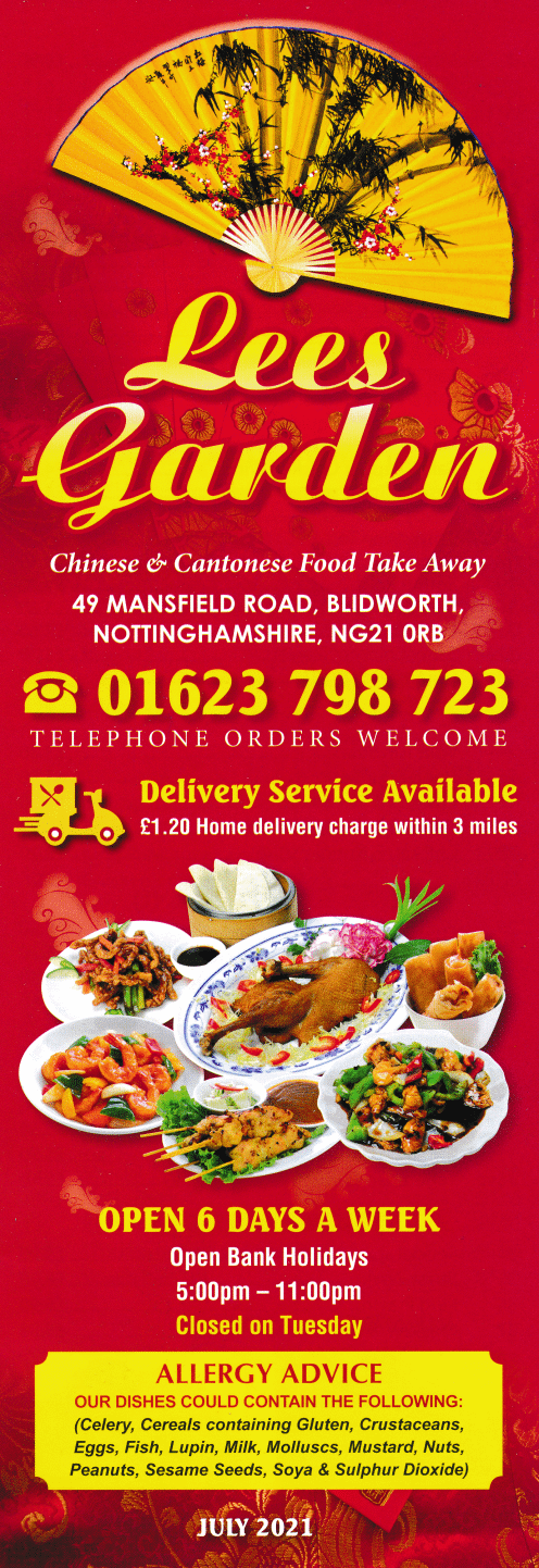Menu for Lees Garden Chinese takeaway in Blidworth near Mansfield