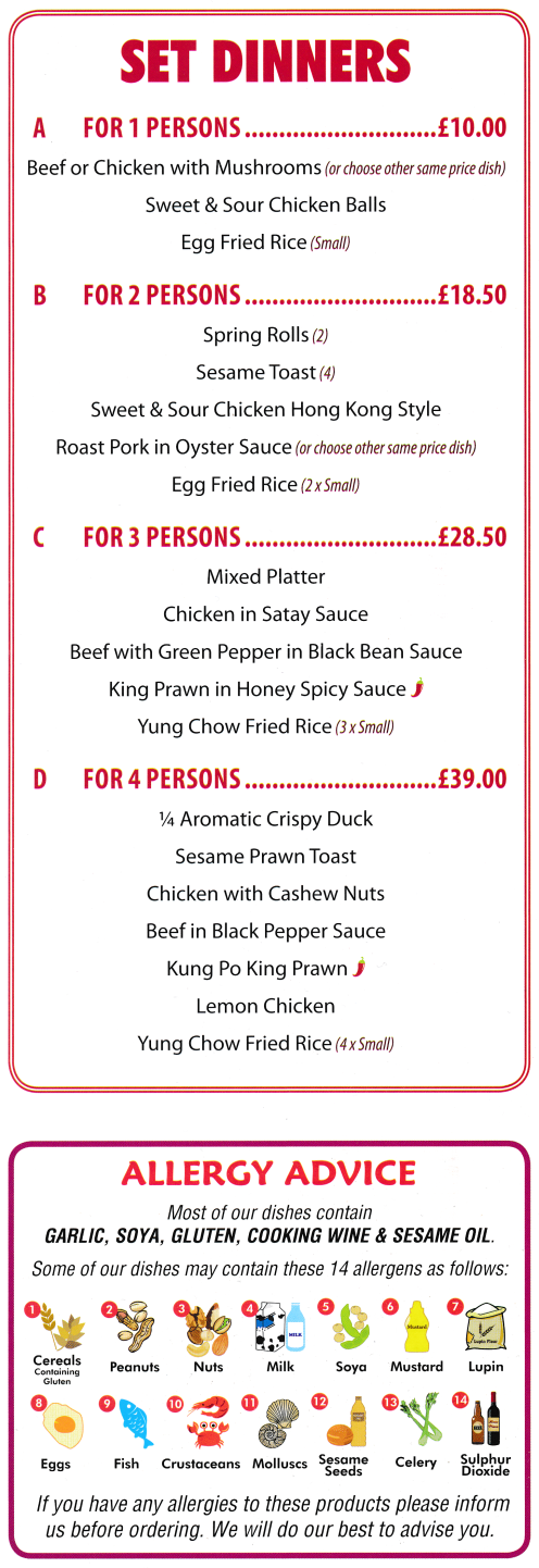Menu for Lees Garden Chinese and Cantonese cuisine takeaway in Blidworth near Mansfield