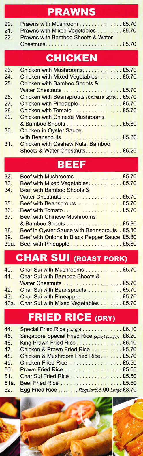 Menu for New Taste House Chinese food takeaway (Chicken, Beef and Char Sui dishes)