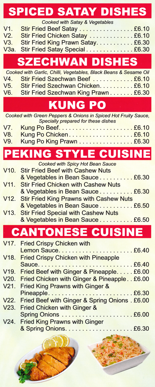 Menu for New Taste House Chinese takeaway (Peking Style, Szechuan, Cantonese, Satay dishes)