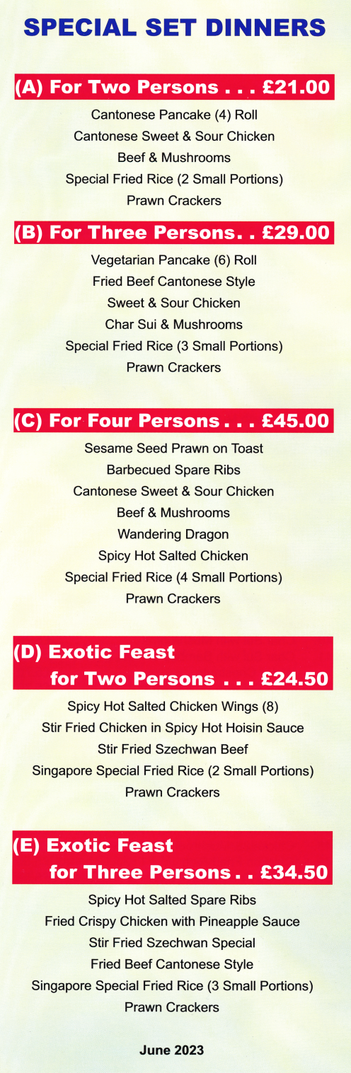New Taste House on Station Road in Langley Mill takeaway menu - Special Set Dinners