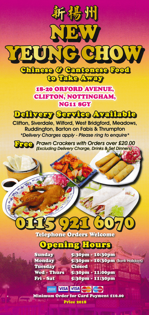 Menu for New Yeung Chow Chinese and Cantonese food takeaway in Clifton near Nottingham