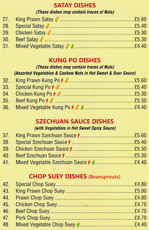 Menu for New Yeung Chow - King Prawn Satay, Chicken Kung Po, Beef Chop Suey, Chicken in Szechuan Sauce, Beef Satay..