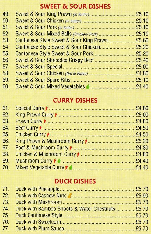 Menu for New Yeung Chow - Sweet & Sour Pork, Beef & Mushroom Curry, Duck with Pineapple, Cantonese Style Sweet & Sour Chicken, Duck with Plum Sauce, Prawn Curry..