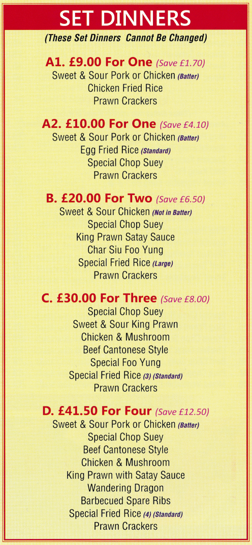 Menu for New Yeung Chow - Cantonese and Chinese cuisine takeaway and delivery in Clifton near Nottingham