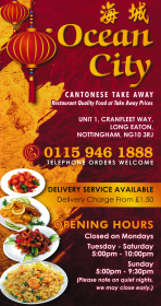 Menu for Ocean City Chinese and Cantonese food takeaway on Cranfleet Way in Long Eaton  NG10 3RJ