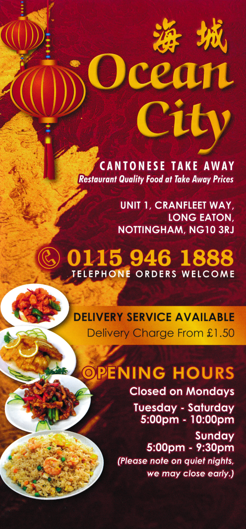Menu for Ocean City Chinese takeaway in Long Eaton near Nottingham