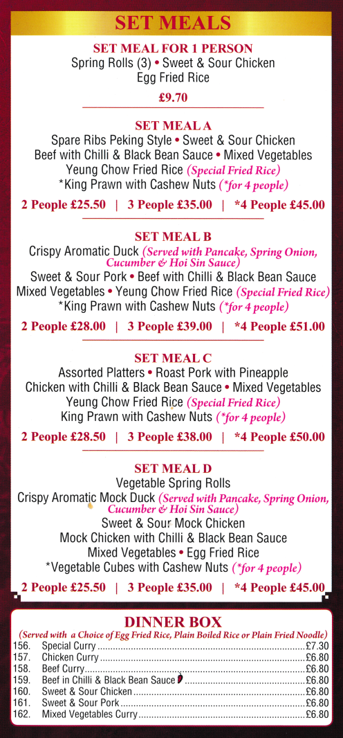 Menu for Ocean City Chinese takeaway - Set Meals and Dinner Boxes