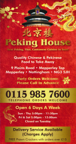 Menu for Peking House Chinese takeaway on Plains Road in Mapperley, Nottingham NG3 5JH