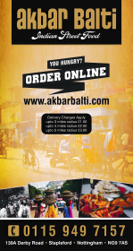 Takeaway menu for Akbar Balti Indian restaurant on Derby Road in Stapleford NG9 7AS