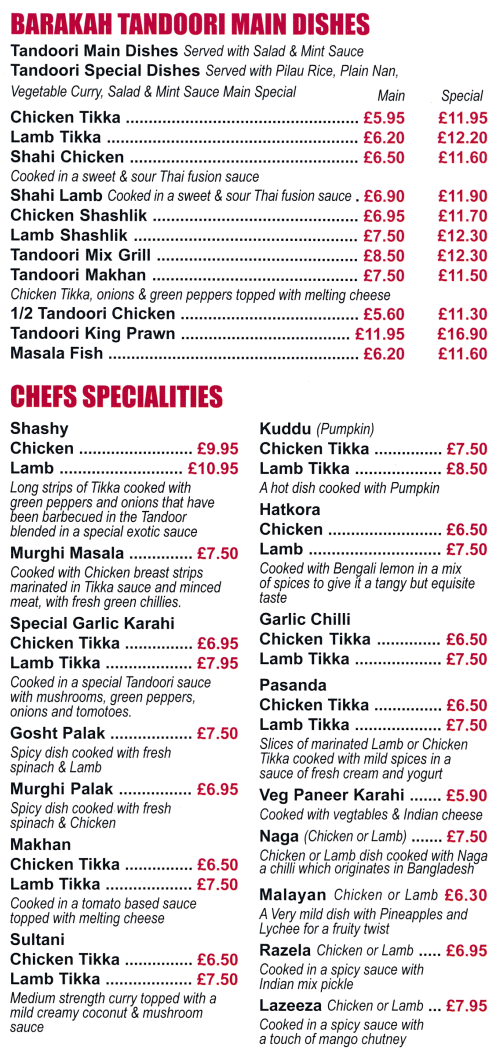 Takeaway and delivery menu for Barakah Bangladeshi and Indian cuisine restaurant in Belper