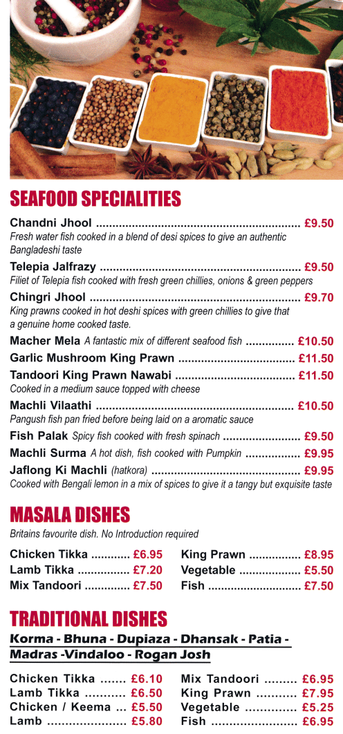 Takeaway menu for Barakah (Korma, Vindaloo, Bhuna, Madras, Rogan Josh..)