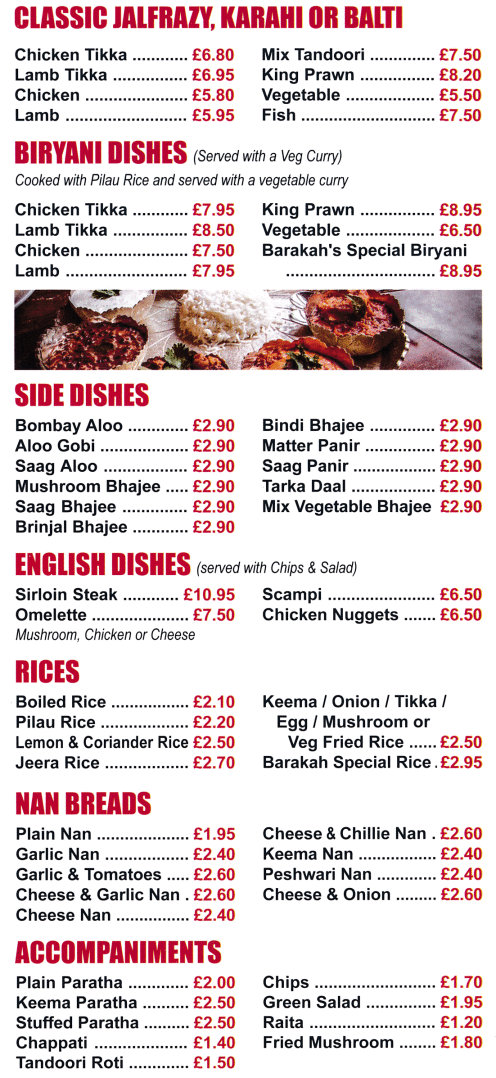 Takeaway menu for Barakah Bangladeshi and Indian restaurant on Bridge Street in Belper