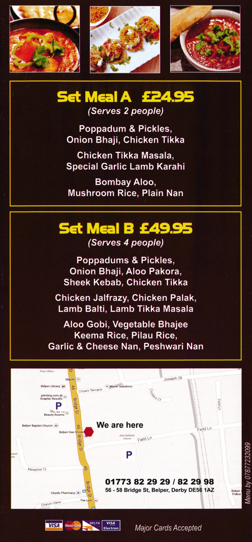 Takeaway menu for Barakah Bangladeshi and Indian cuisine restaurant in Belper