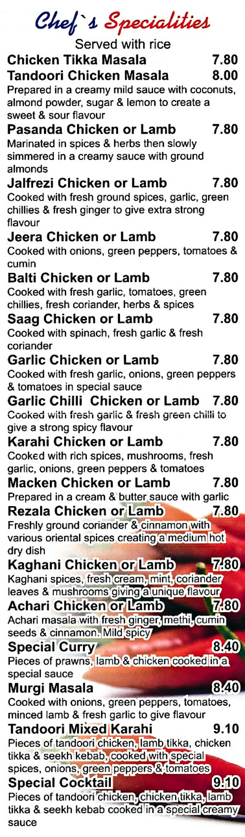 Menu for Castle Pizzas (Garlic Chilli Chicken, Balti, Pasanda, Jalfrezi, Achari Chicken..)