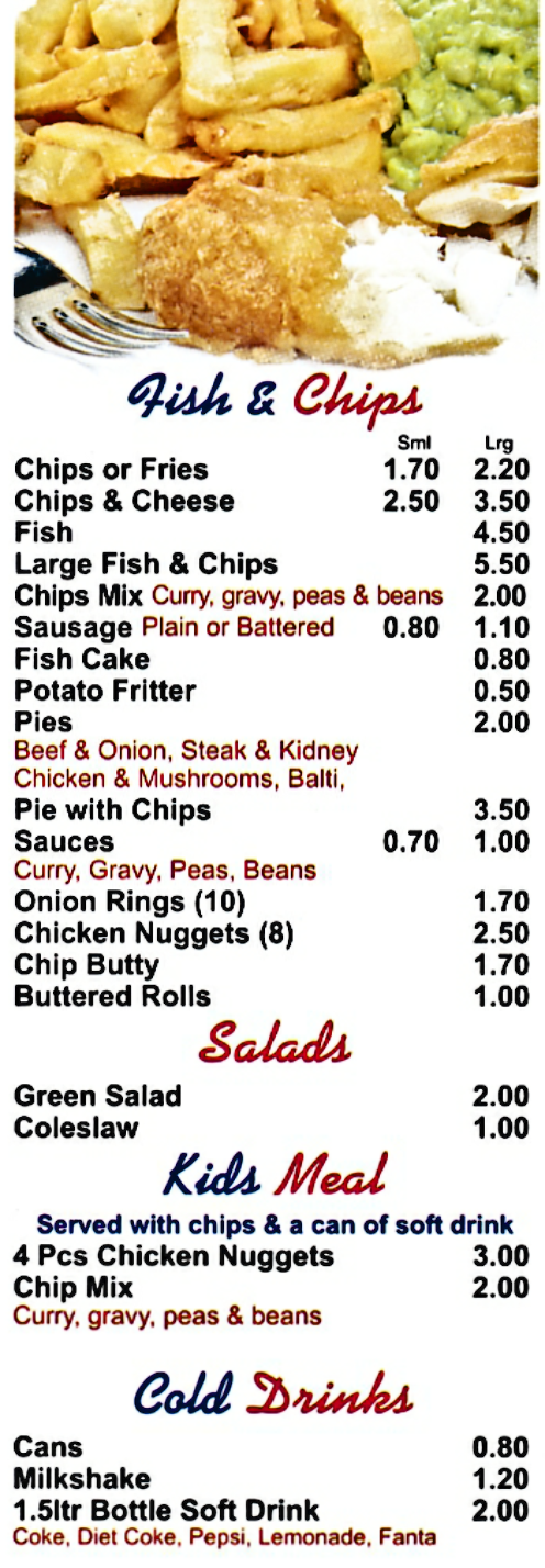 Menu for Castle Pizzas (Fish & Chips, Pizzas, Tandoori Chicken Tikka, Meat Samosa, Kebabs..)