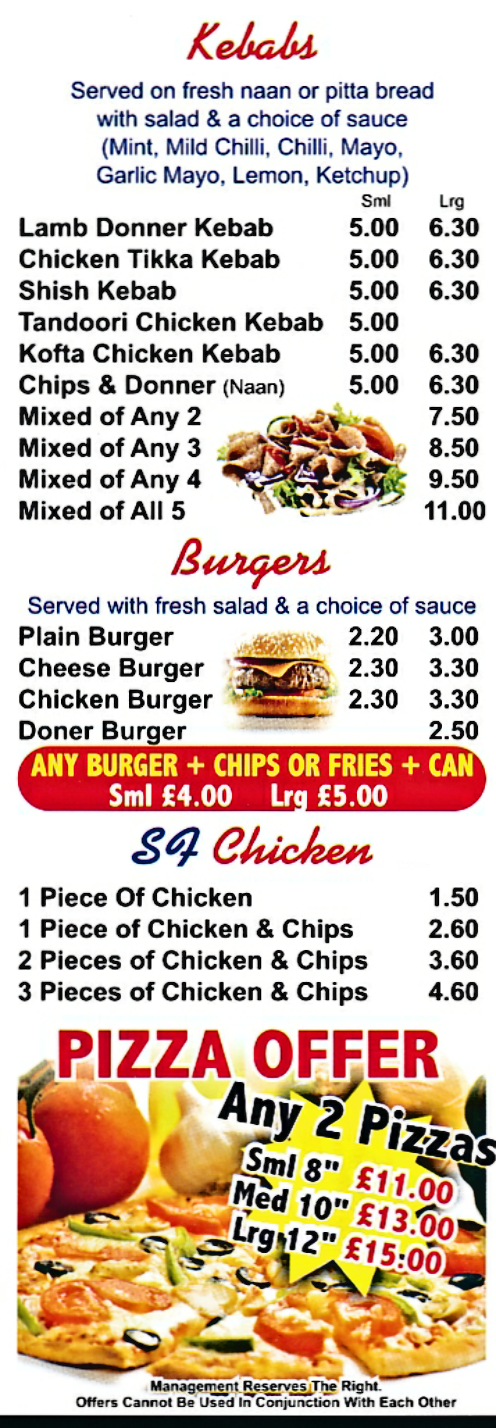 Menu for Castle Pizzas (Pizzas, Kebabs, Burgers, Southern Fried Chicken, Pies, Chicken Nuggets..)