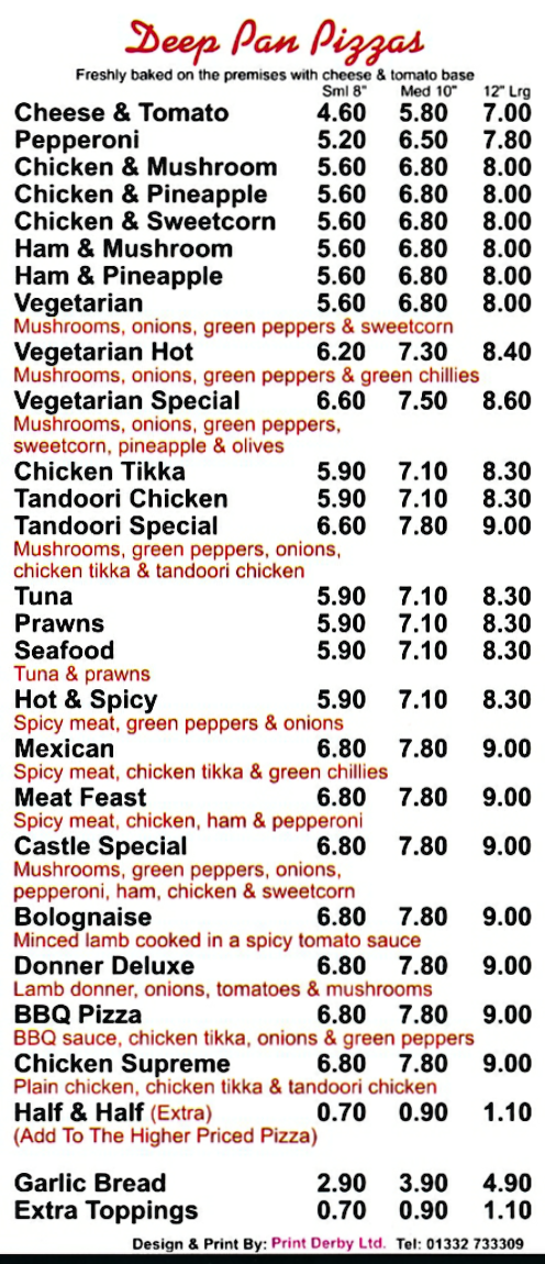 Menu for Castle Pizzas (Bolognaise Pizza, Chicken Tikka Pizza, BBQ Pizza, Chicken Supreme Pizza, Pepperoni Pizza, Vegetarian Hot Pizza..)
