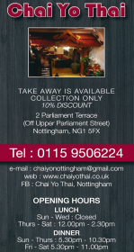 Takeaway menu for Chaiyo Thai on Parliament Terrace in Nottingham NG1 5FX