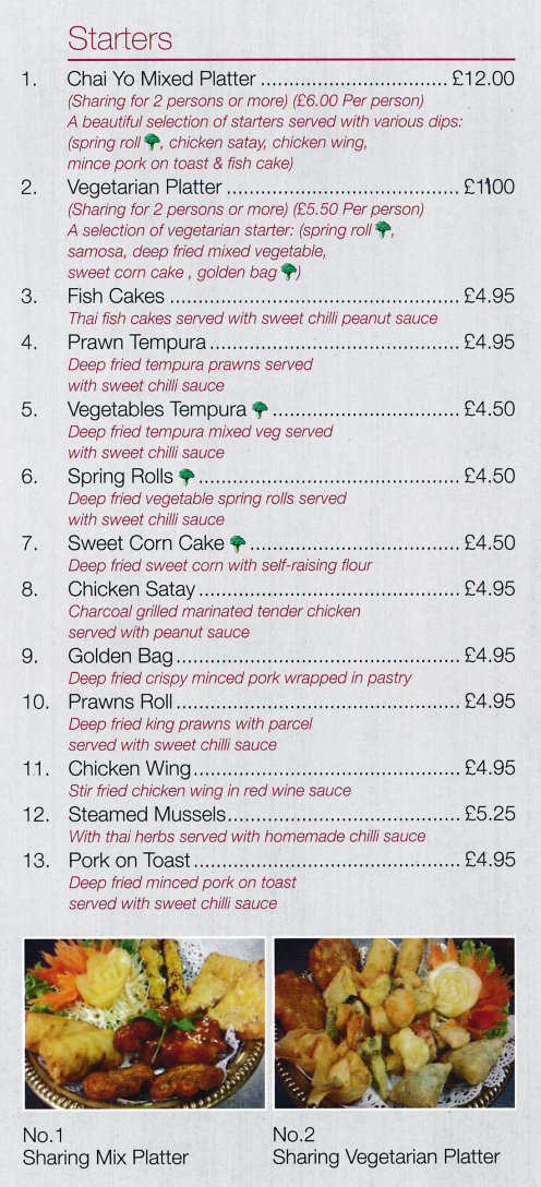 Takeaway menu for ChaiYo Thai Takeaway menu for ChaiYo Thai on Parliament Terrace in Nottingham
