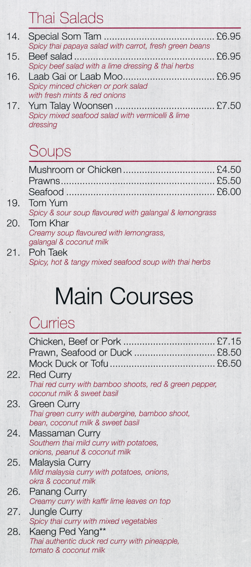 Takeaway menu for Chai Yo Thai Takeaway menu for ChaiYo Thai (Thai Red Curry, Thai Green Curry, Massaman Curry, Panang Curry, Jungle Curry, Kaeng Ped Yang..)