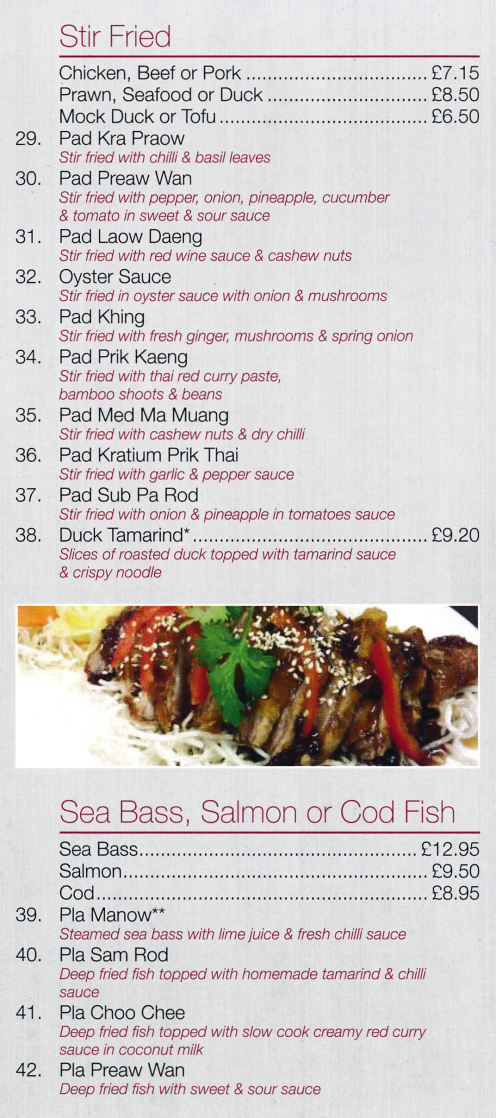 Takeaway menu for ChaiYo Thai Takeaway menu for ChaiYo Thai (Duck Tamarind, Pla Choo Chee, Pla Preaw Wan, Pad Sub Pa Rod, Pad Khing, Pad Laow Daeng..)