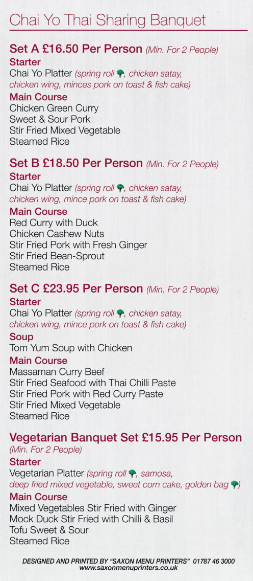 Takeaway menu for ChaiYo Thai Takeaway menu for ChaiYo Thai restaurant in Nottingham NG1 5FX