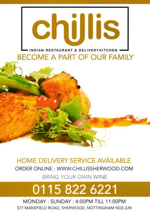 Takeaway and delivery menu for Chillis Indian restaurant in Nottingham