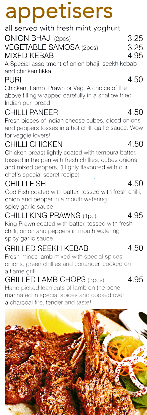 Menu for Chillis Indian food takeaway in Sherwood (Chilli Fish, Grilled Seekh Kebab, Chilli Paneer, Puri, Onion Bhaji..)