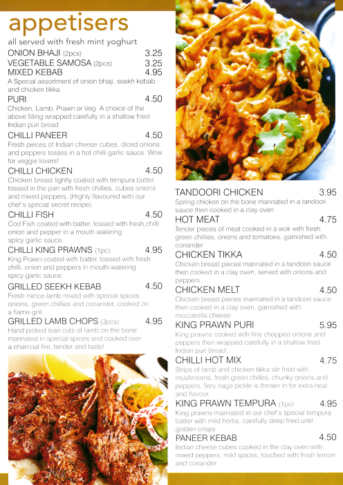Chillis takeaway menu (Chilli Hot Mix, Chicken Melt, Chilli Paneer, Puri, Samosa Chaat, Tandoori Chicken..)