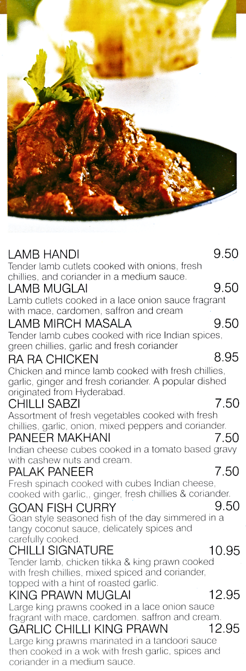 Menu for Chillis Indian restaurant with takeaway and delivery in Nottingham