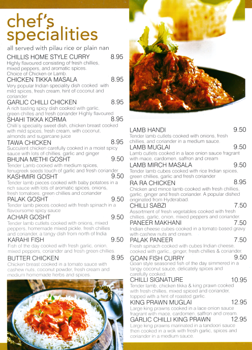 Chillis takeaway menu (Tawa Chicken, Goan Fish Curry, Chicken Tikka Masala, King Prawn Muglai, Lamb Handi..)