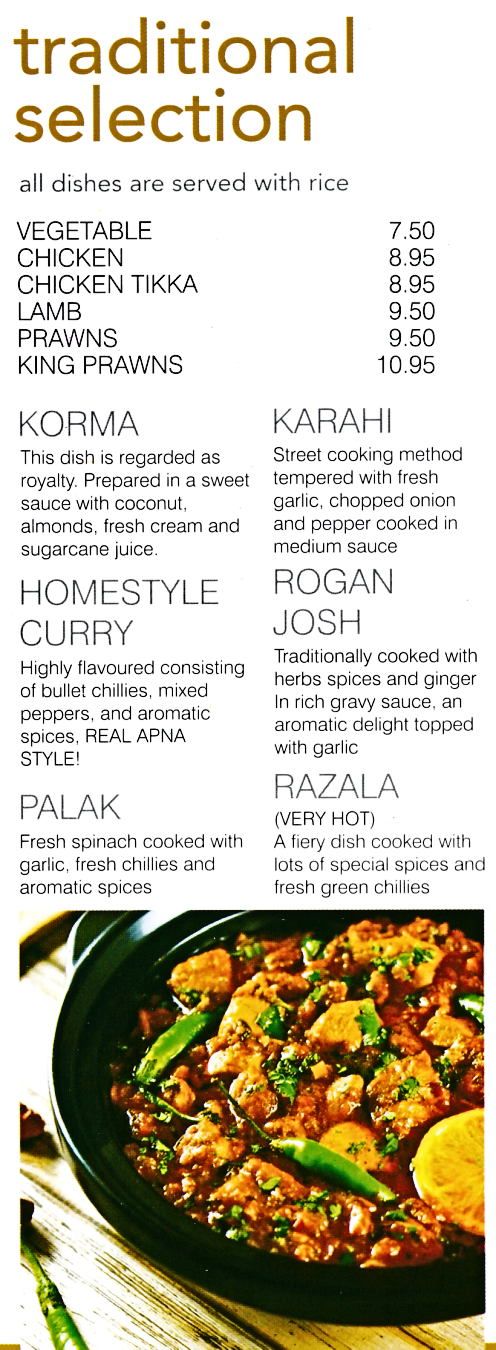 Menu for Chillis (Korma, Rogan Josh, Palak, Razala, Goan Fish Curry, Butter Chicken..)