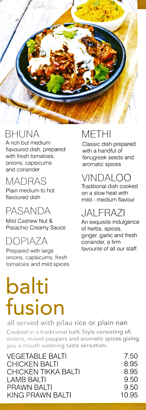 Menu for Chillis (Bhuna, Methi, Dopiaza, Jalfrazi, Balti Fusion Dishes, Vindaloo, Madras..)