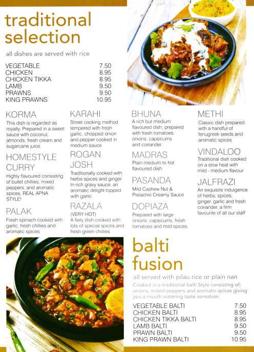 Chillis takeaway menu (Bhuna, Vindaloo, Chicken Balti, Rogan Josh, Korma, Madras..)
