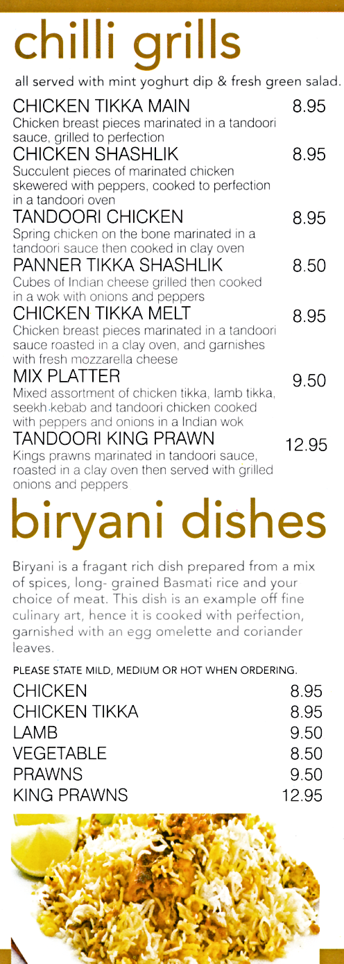 Menu for Chillis (Tandoori King Prawn, Chicken Tikka Biryani, Chicken Shashlik, Chicken Tikka Main..)