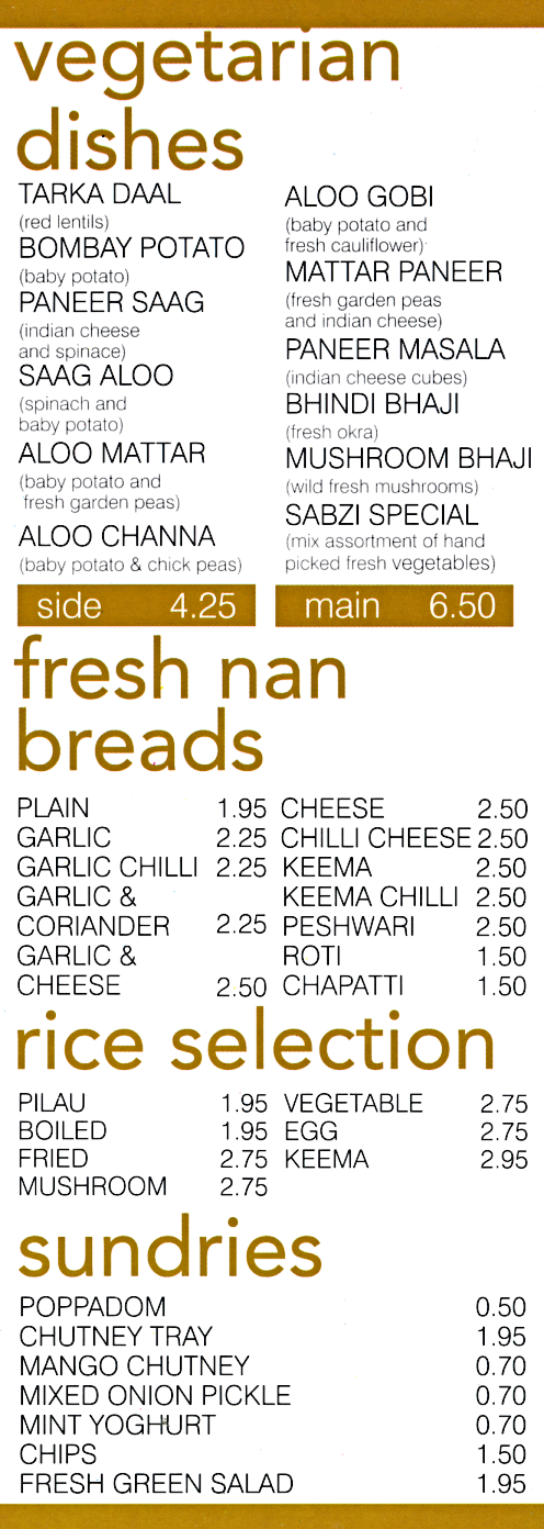 Menu for Chillis Indian restaurant and takeaway in Sherwood