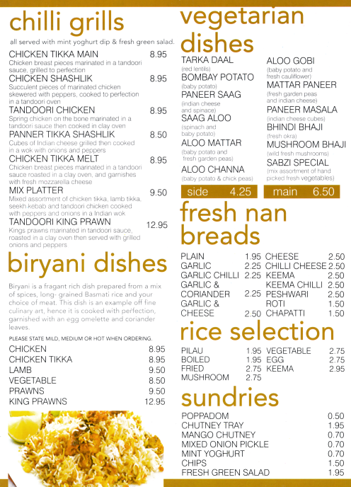 Takeaway menu for Chillis Indian restaurant on Mansfield Road in Sherwood, Nottingham