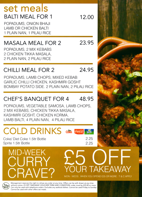 Chillis Indian restaurant in Sherwood; takeaway and delivery menu