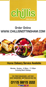 Menu for Chillis Indian takeaway on Trent Boulevard, Lady Bay in West Bridgford near Nottingham NG2 5BL