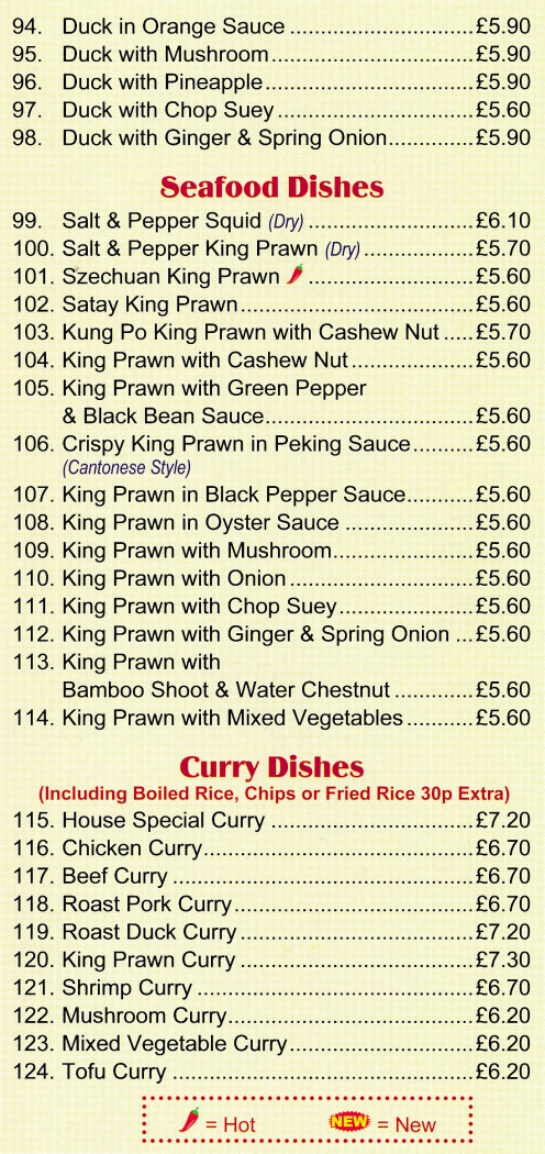 Menu for Chopsticks House (Squid with Salt & Pepper, Satay King Prawn, Duck in Orange Sauce, King Prawn with Cashew Nuts..)