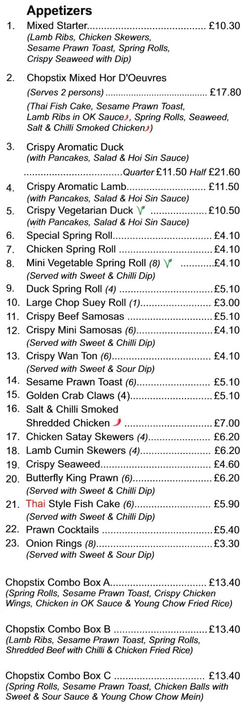 Menu for Chopstix Chinese takeaway (Chicken Satay Skewers, Salt & Chilli Squid, Crispy Wan Ton, Chicken Spring Roll, Mixed Hor D'Oeuvres..)