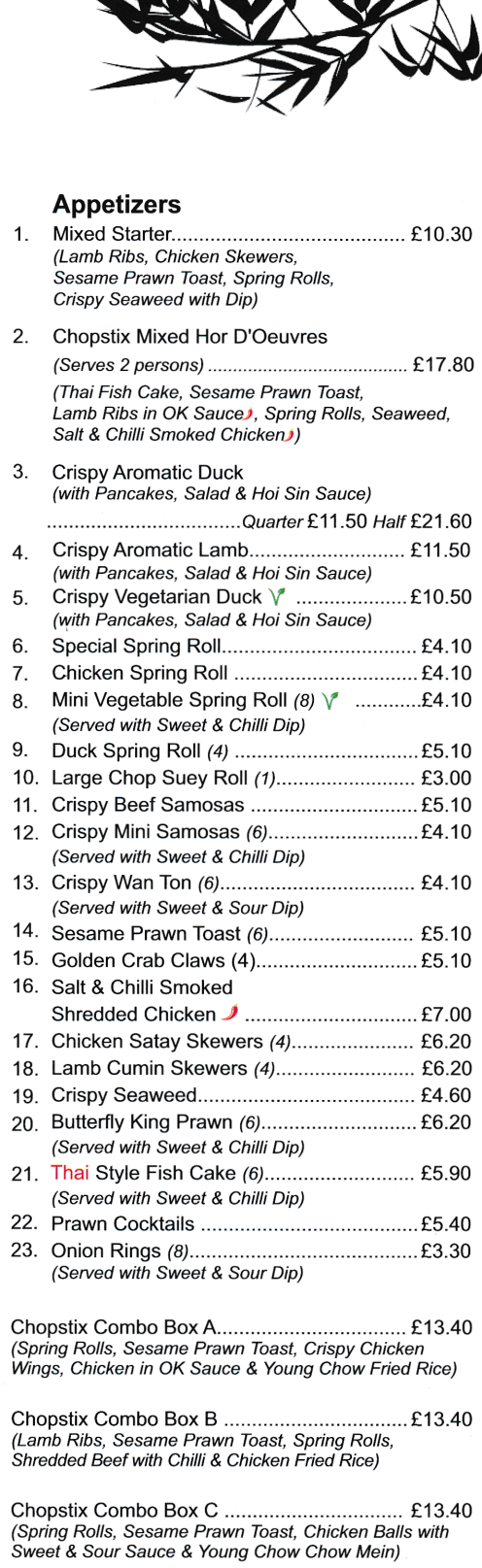 Menu for Chopstix Chinese takeaway (Crispy Aromatic Duck, Sesame Prawn on Toast, Crispy Wan Ton, Crispy Seaweed, Butterfly King Prawn..)